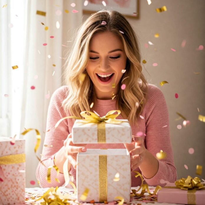 Woman opens gift with confetti.