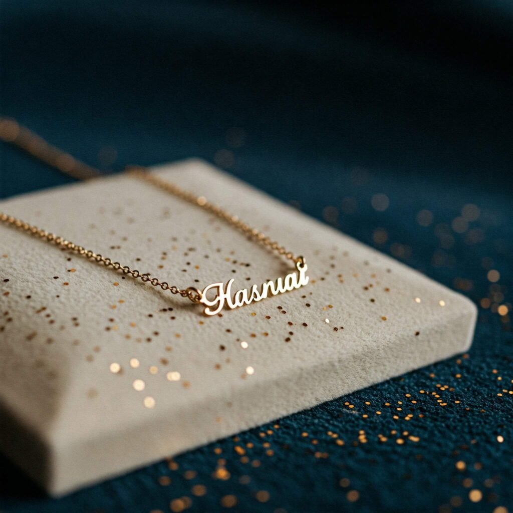 Gold name necklace on velvet.