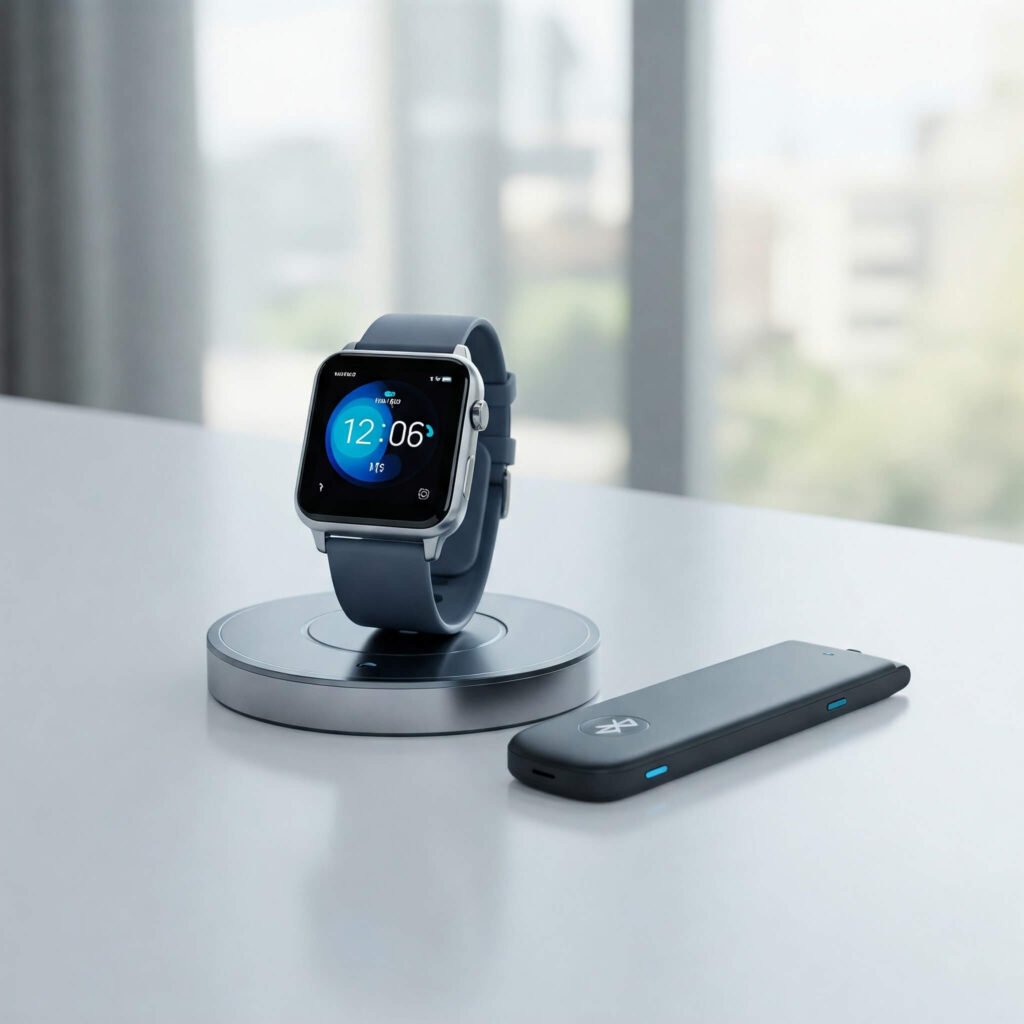 Smartwatch, wireless charger, and Bluetooth tracker