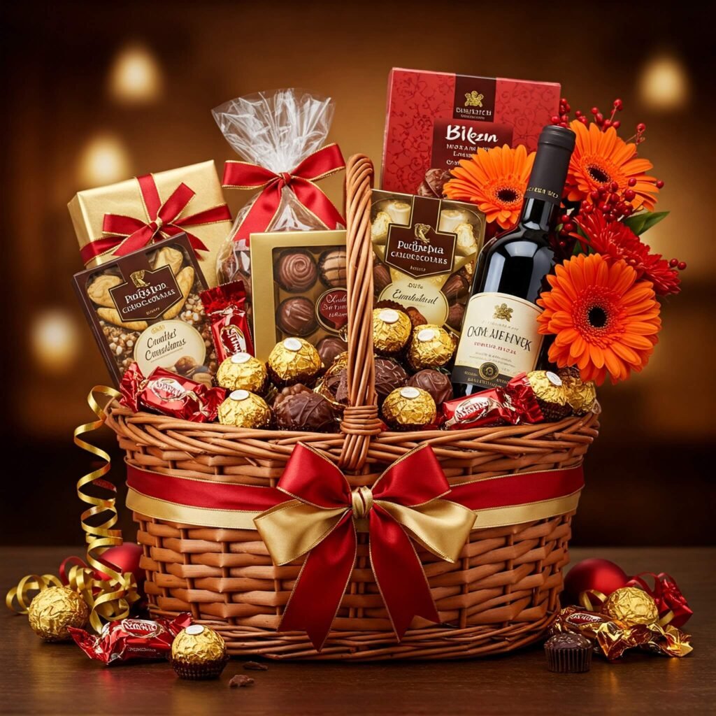 Gift Basket with Chocolates, Wine, and Flowers