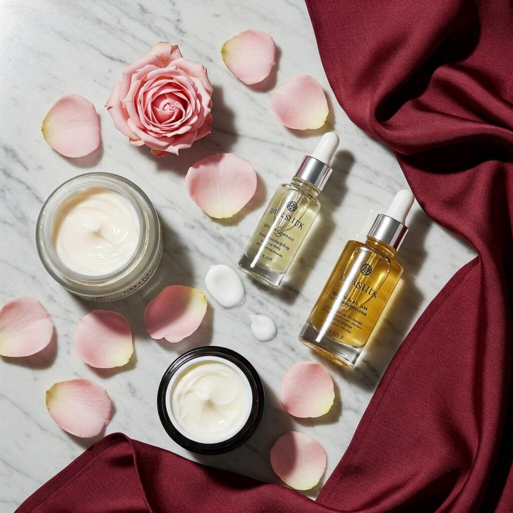 Luxury skincare flat lay with rose petals.