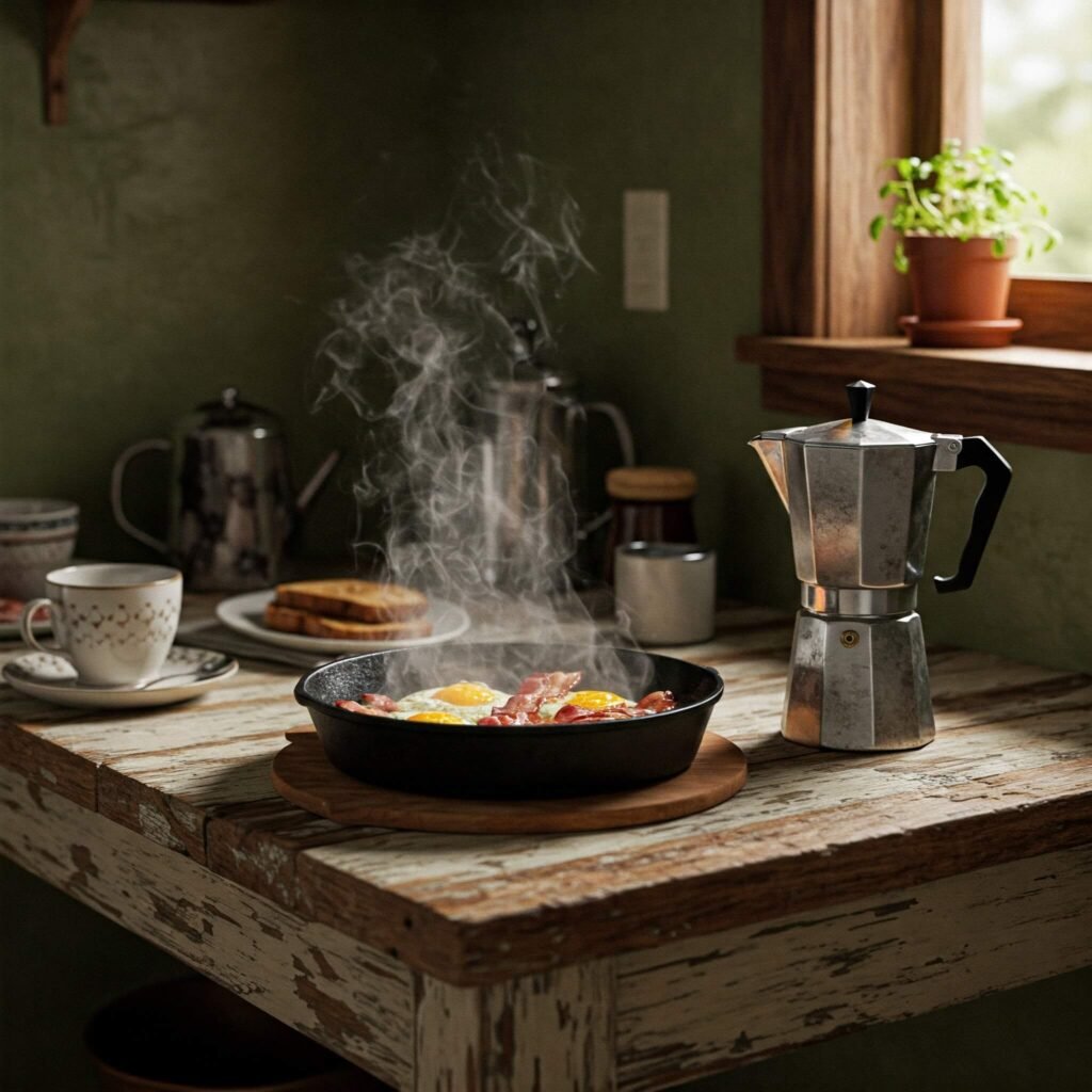 Sizzling skillet and coffee maker on rustic counter