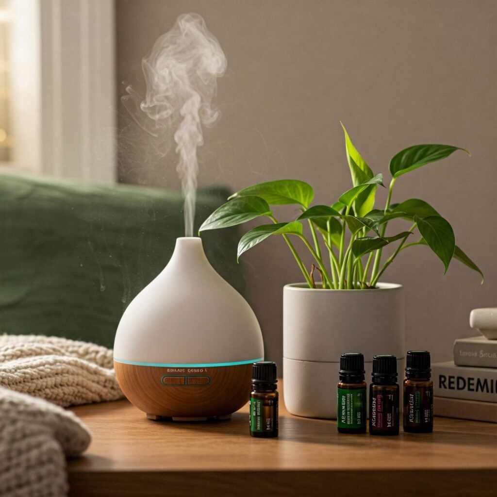 Aromatherapy diffuser with essential oils.