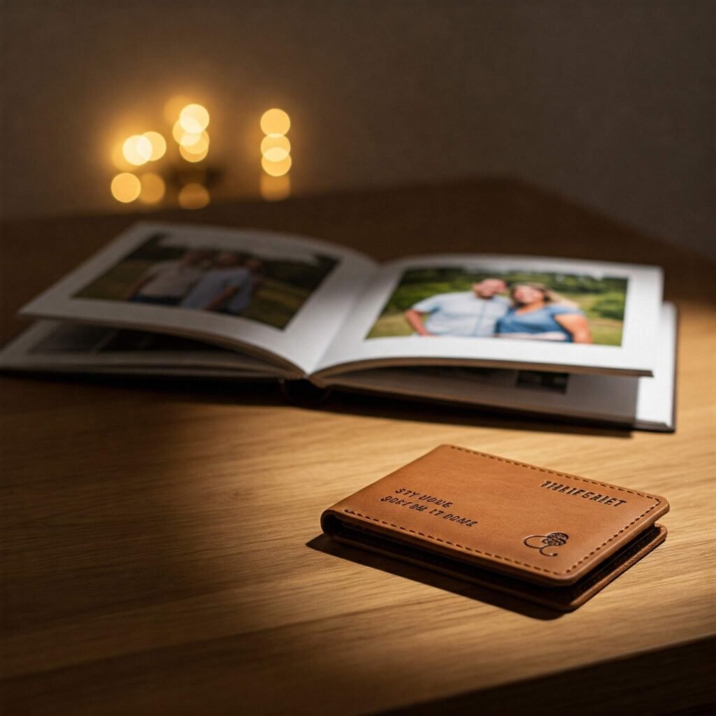 Engraved wallet and photo book on wooden table