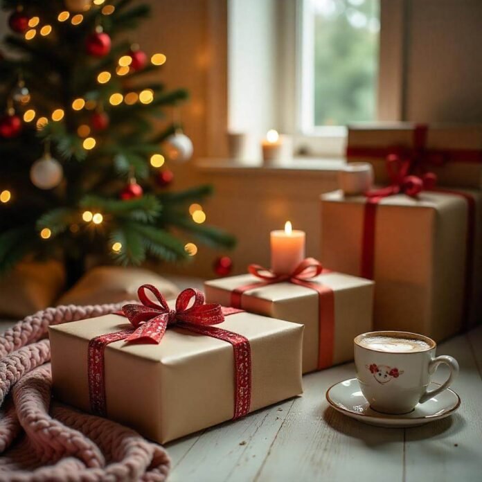 A decorated tree, and cozy elements like blankets and hot cocoa.