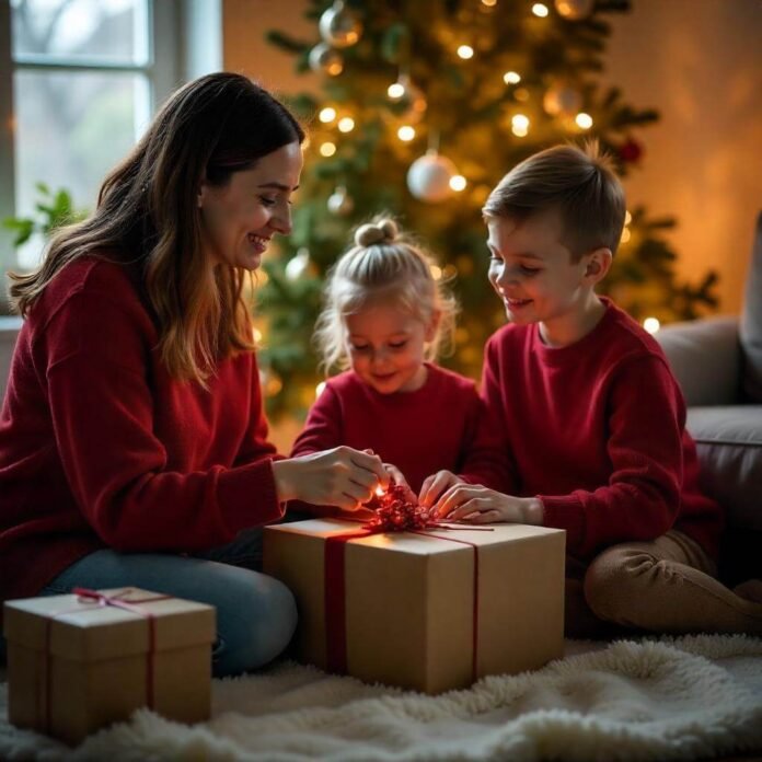 A festive, high-resolution scene of a family exchanging Christmas gifts 2025 under a decorated tree, with a focus on modern, sustainable, and tech-inspired presents.