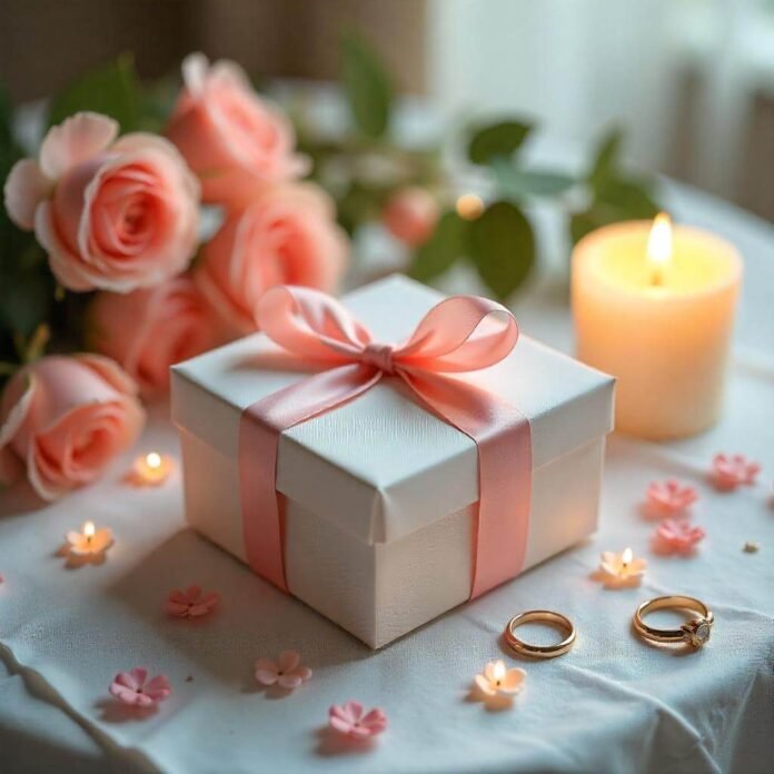 A romantic, high-resolution image of a beautifully wrapped gift box on a table with wedding elements (flowers, rings, candles).