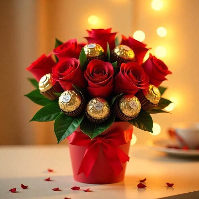 A vibrant, high-resolution image of a completed chocolate bouquet displayed in a decorative pot.