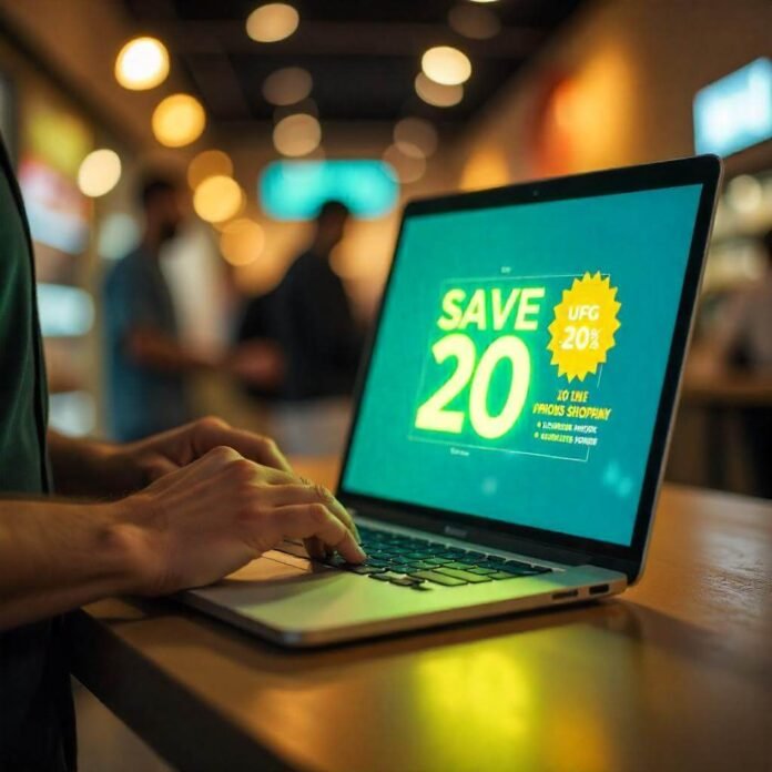 A bright, modern shopping scene with a digital overlay of a promo code (e.g., “SAVE20”) glowing prominently.
