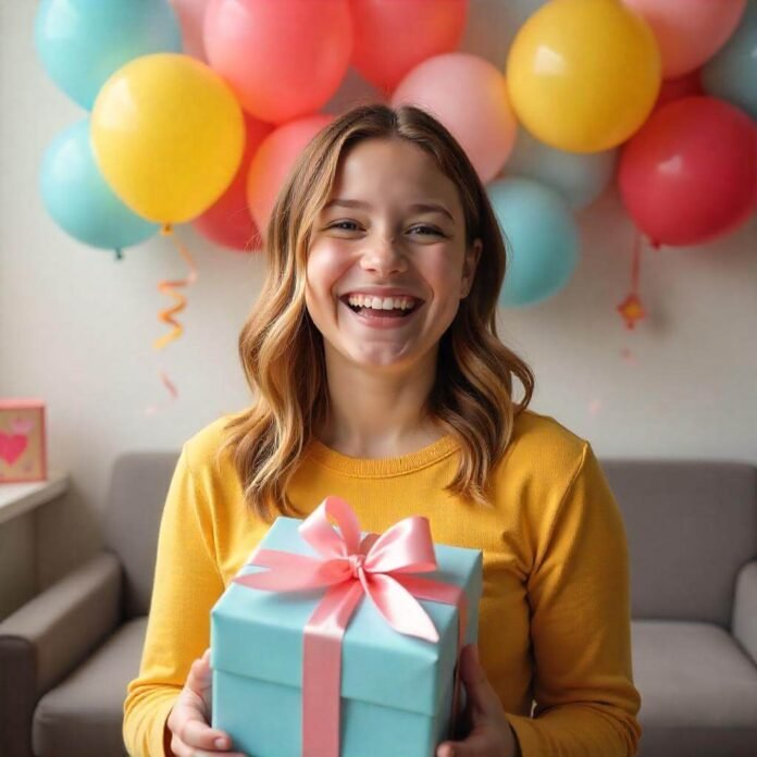 A joyful scene of a birthday celebration with colorful balloons