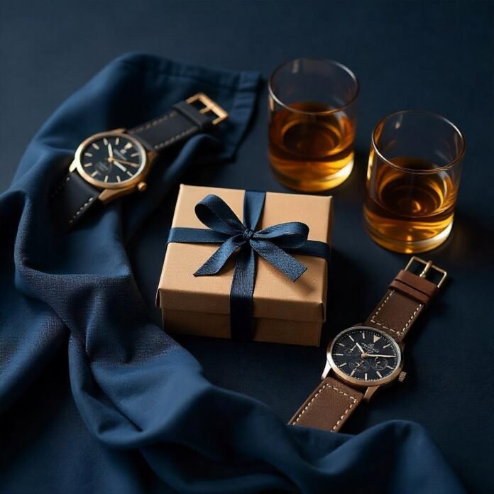 A high-resolution hero image showcasing a curated collection of gifts (e.g., a watch, whiskey glass, and camping hammock) arranged on a dark, textured background.