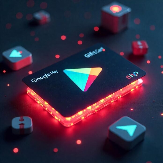 A Google Play gift card with a futuristic glow, surrounded by app and game icons in a 3D space.