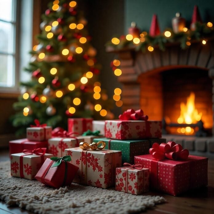 A festive holiday scene with a beautifully decorated Christmas tree surrounded by wrapped gifts in various sizes. The setting should feel warm and inviting, with a focus on the joy of gift-giving.