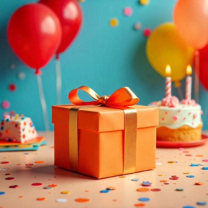 a birthday cake, set against a festive backdrop.