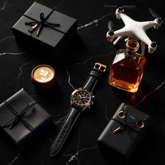 A sophisticated gift collage featuring a mix of luxury and tech items (e.g., a watch, whiskey decanter, and drone) arranged on a sleek black marble background.