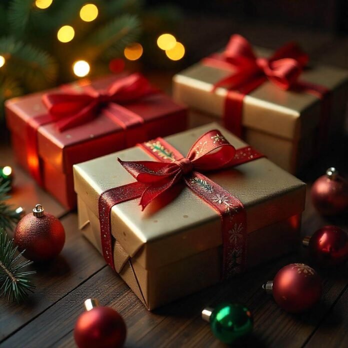 Wrapped gifts with ribbons, surrounded by holiday lights and ornaments.