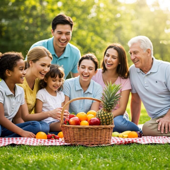 Joyful family picnic with fruit basket.