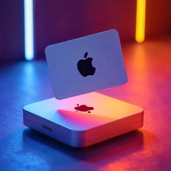 Apple Gift Card floating above Apple products with a futuristic glow.