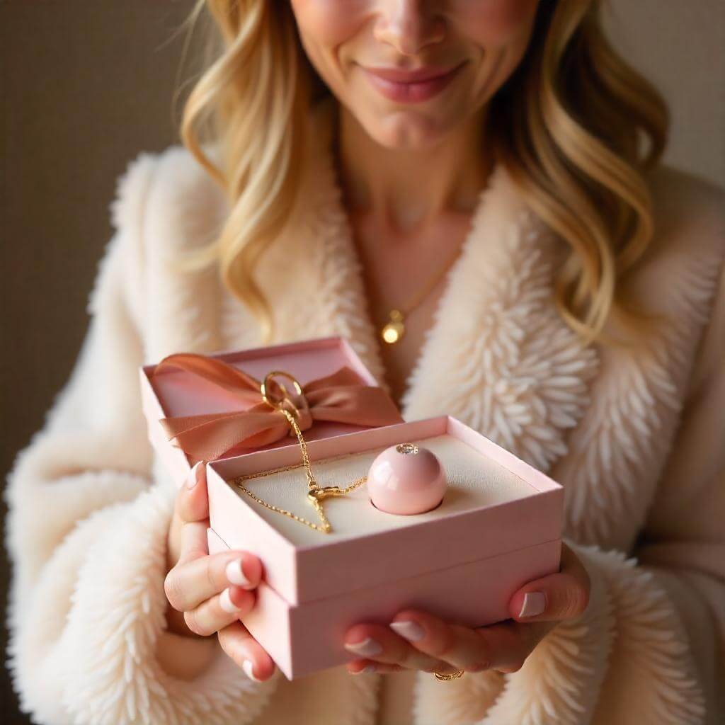A woman opening a gift box with jewelry or a skincare device.