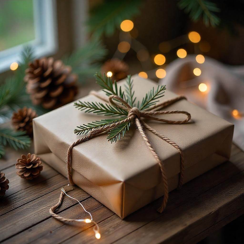 A close-up of a sustainable gift, like a recycled-material scarf, styled on a wooden table with pinecones and fairy lights.