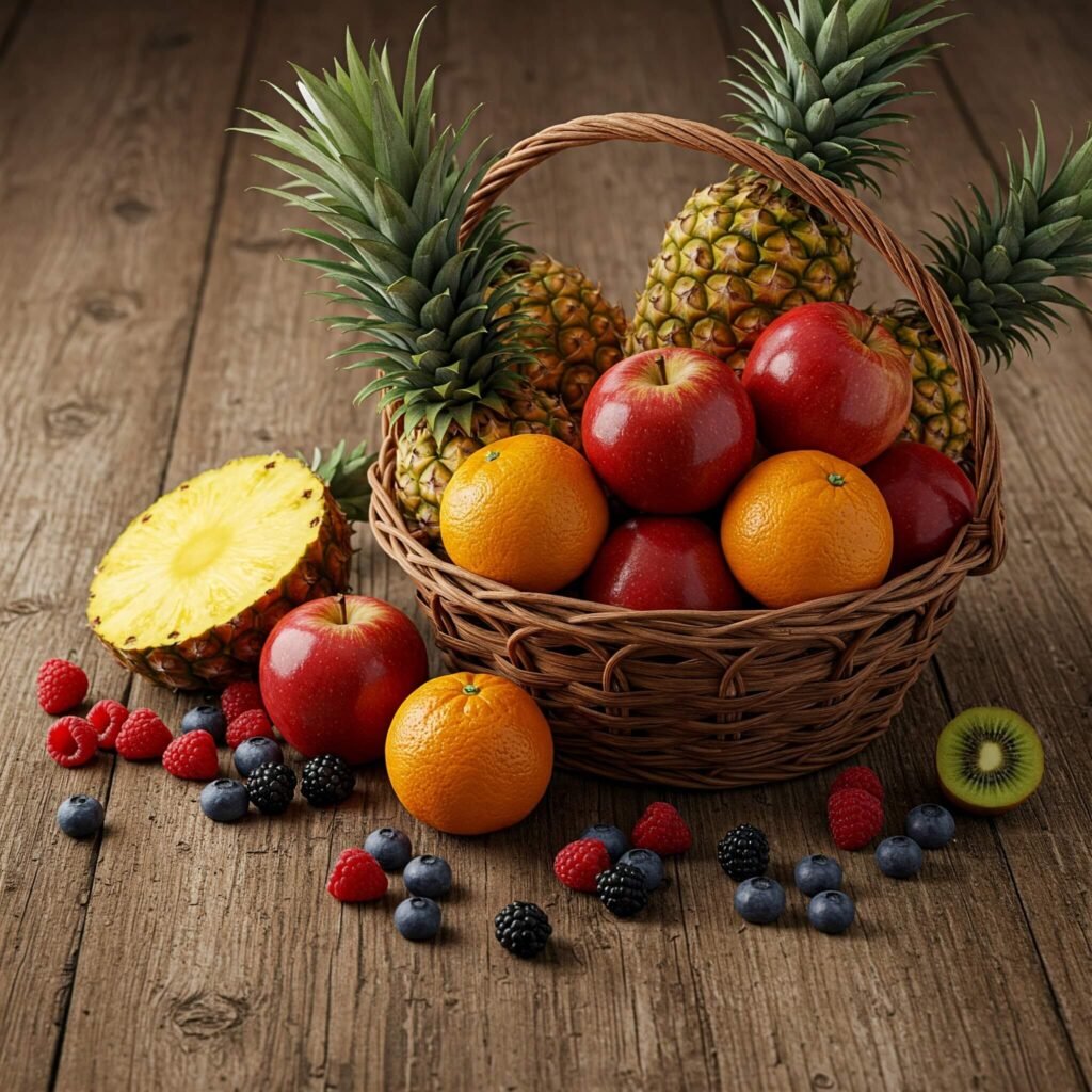 fresh fruit basket brimming with pineapples, apples, and berries, arranged on a rustic wooden table.