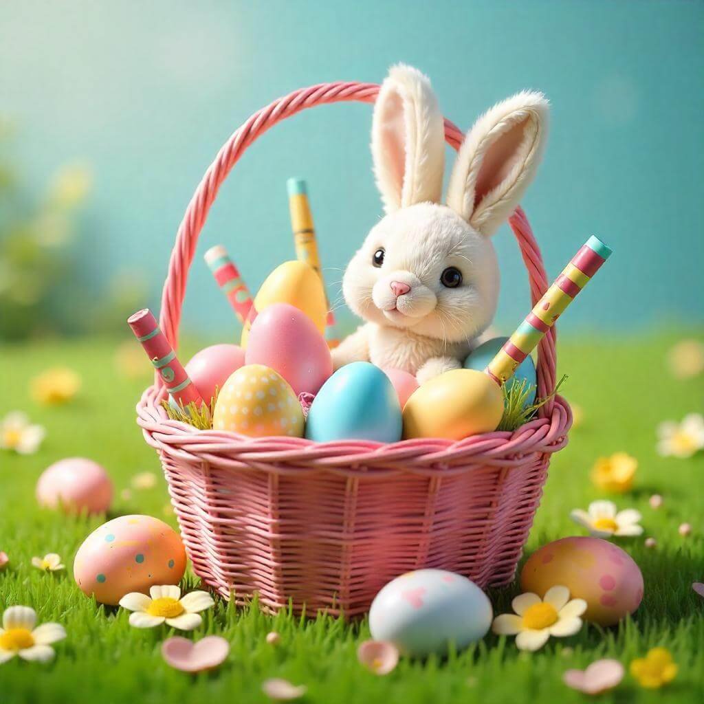Easter basket with colorful eggs, a plush bunny, jelly beans, and toys like crayons and bubble wands, set on a grassy field with pastel flowers.