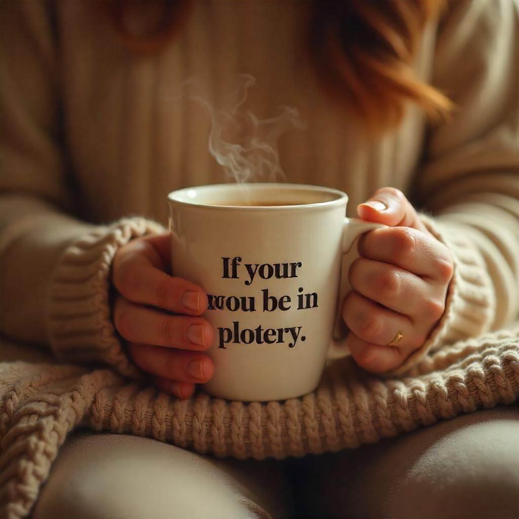 A cozy scene of hands holding a custom mug with a quote, steam rising, and a softly blurred, warm background.