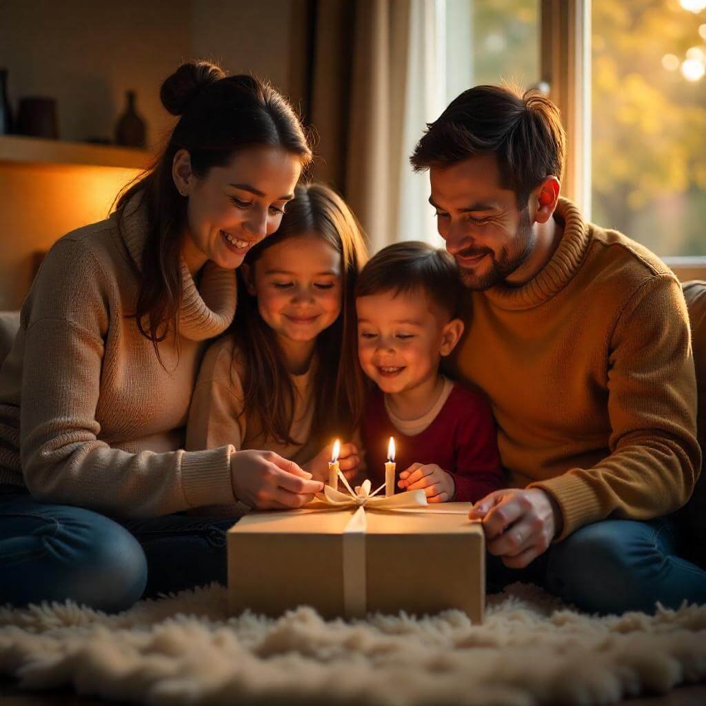 A cozy family unwrapping a personalized photo gift on a festive table, with warm earthy tones (browns, creams).