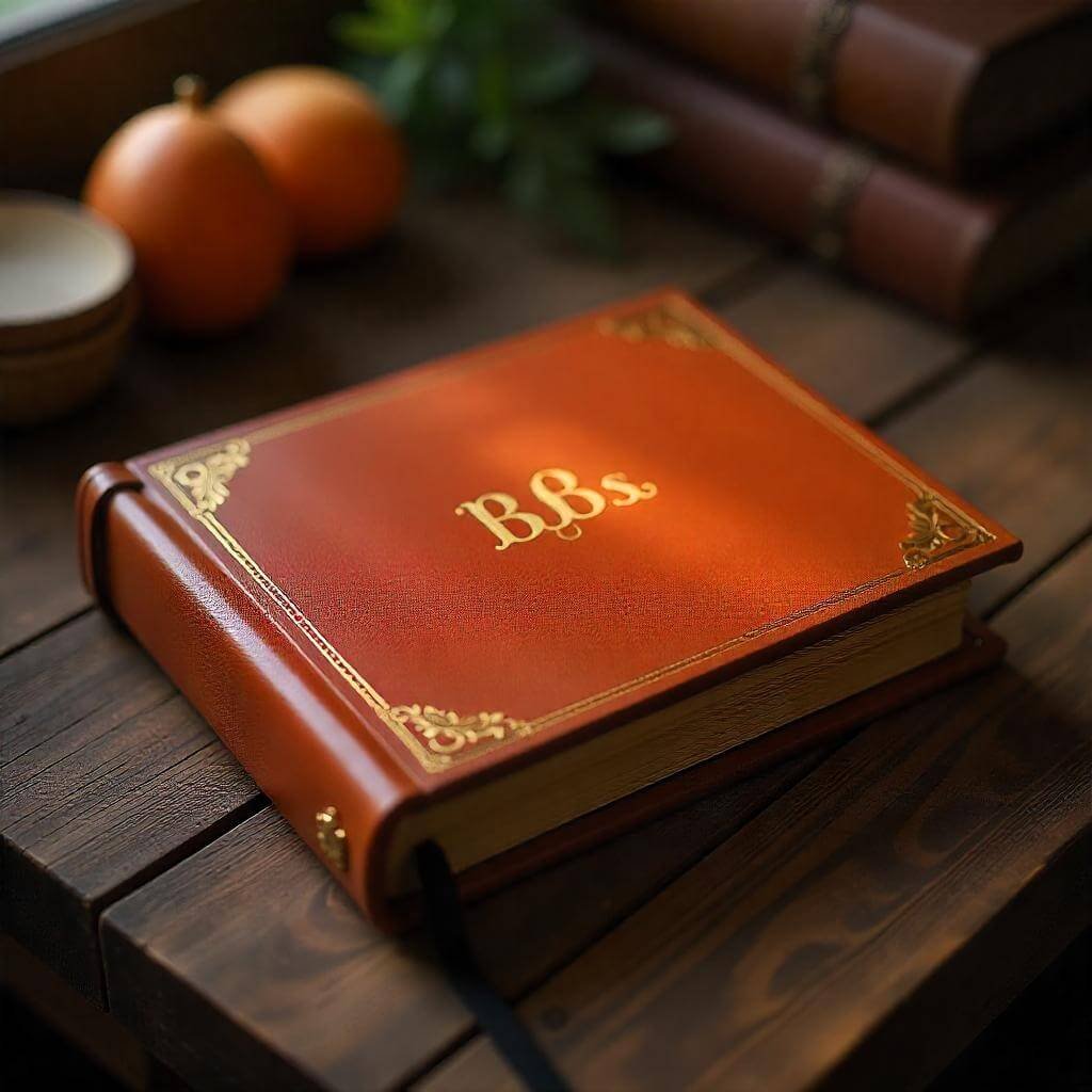 A high-resolution photo of a leather-bound photo album with gold-embossed initials on a rustic wooden table.