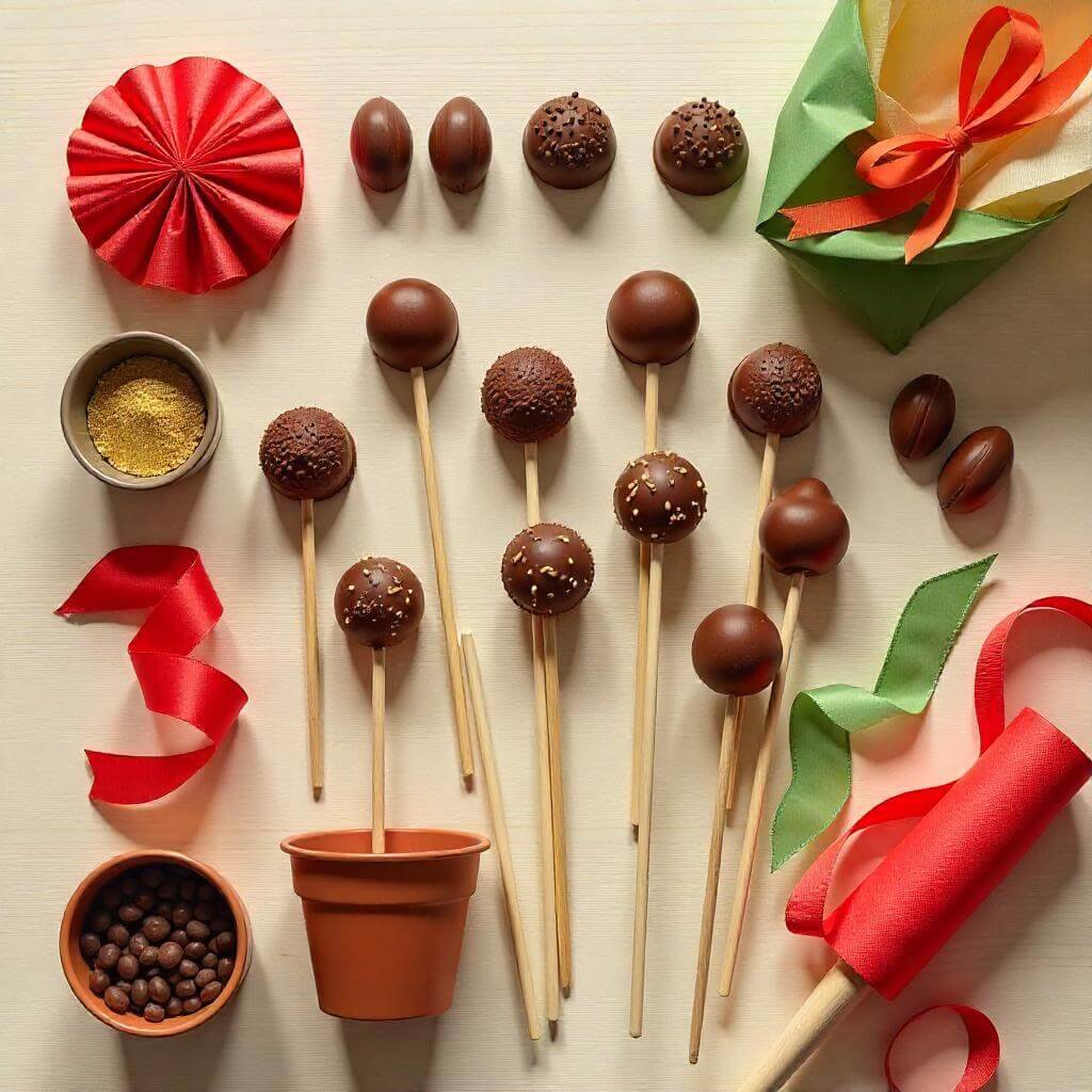A flat-lay image of all materials needed to make a chocolate bouquet, arranged neatly on a wooden table.