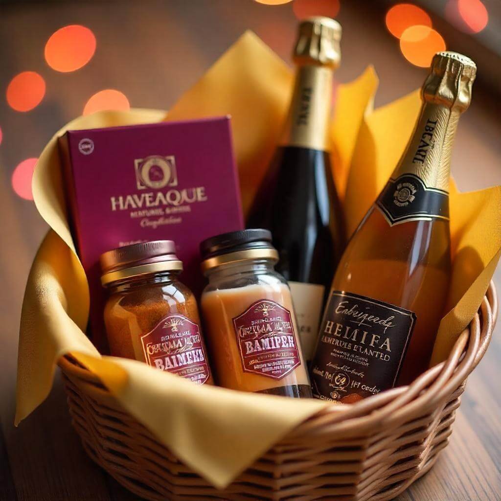 A beautifully arranged gift hamper with colorful ribbons, gourmet treats, and a handwritten note, set against a festive background.