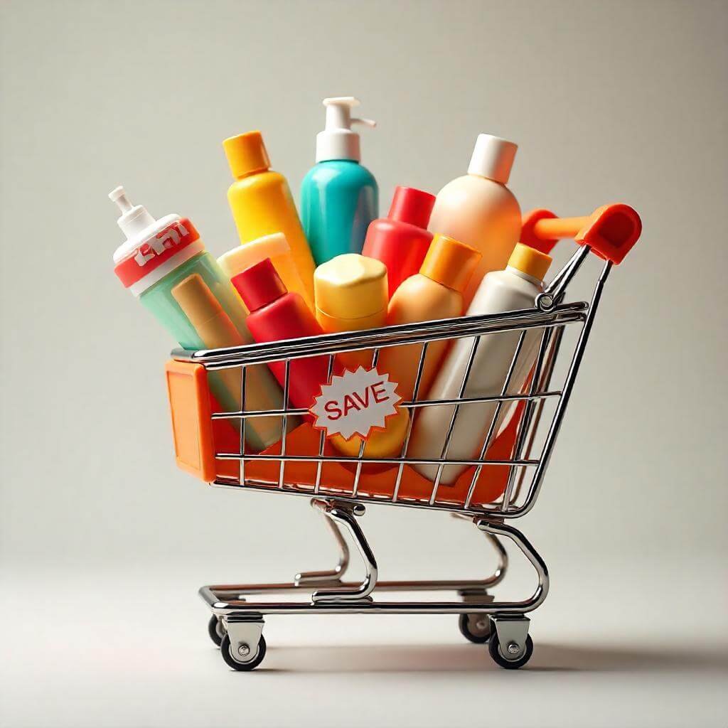 A colorful shopping cart overflowing with products, with a “SAVE” badge highlighting a promo code.
