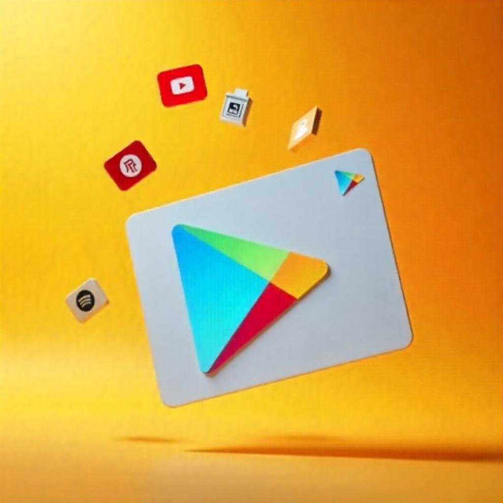 A physical Google Play gift card with floating icons of popular apps (e.g., YouTube, Spotify) and games.