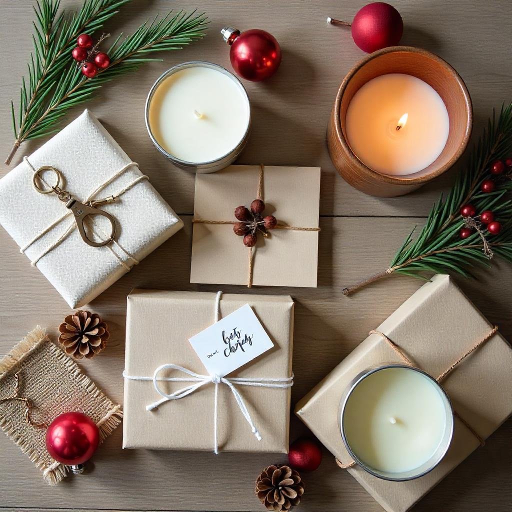 A flat-lay composition of affordable gifts like a keychain, reusable tote, and scented candle, arranged on a rustic wooden table with holiday decor (e.g., pinecones, ornaments).