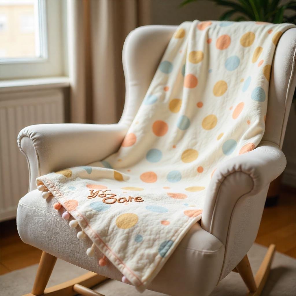 A personalized baby gift—a blanket with embroidered name—on a rocking chair, with a stuffed animal in the background.