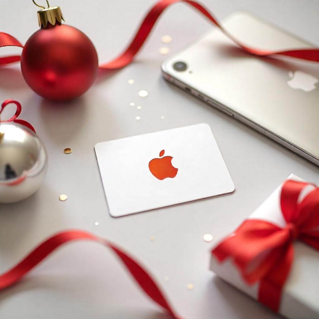 Apple Gift Card surrounded by Apple devices (iPhone, iPad, MacBook) with a festive background.