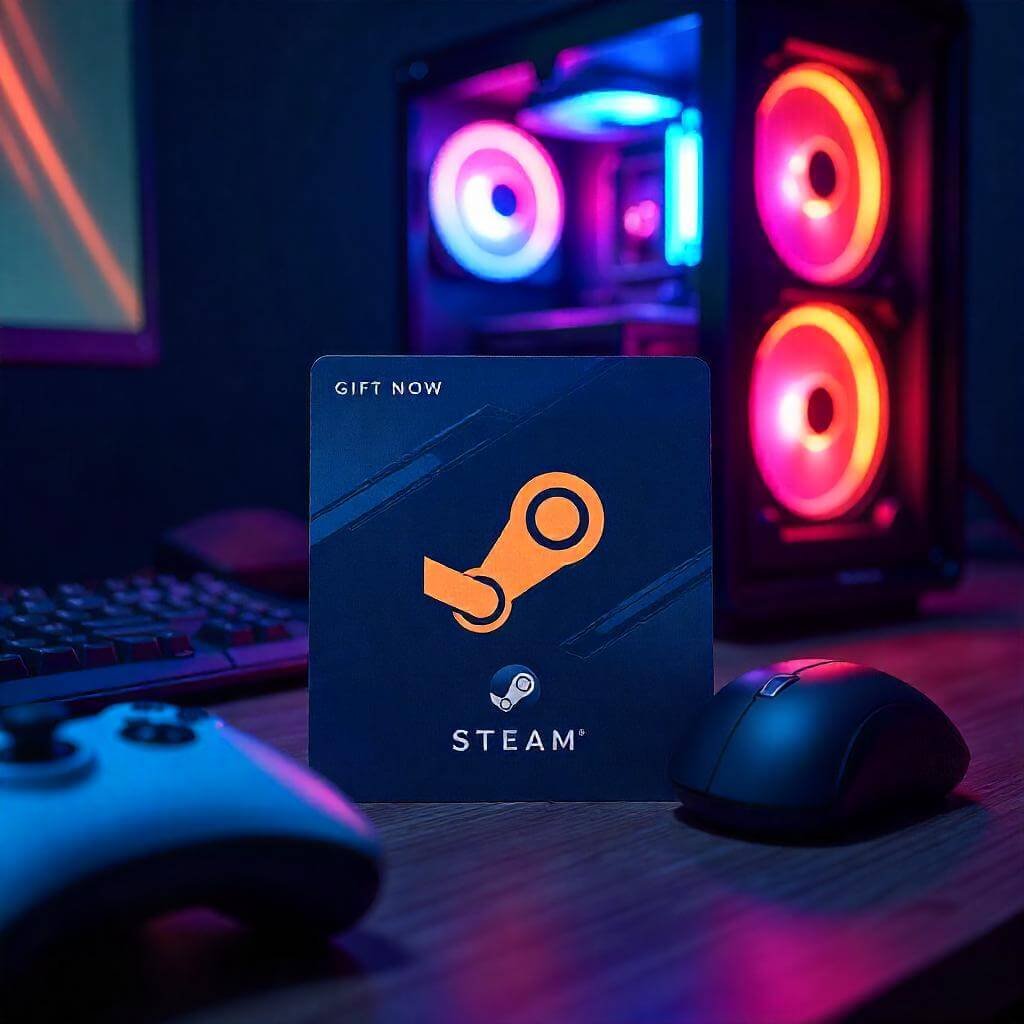 A vibrant illustration of a digital gift card with a glowing PC setup and gaming controllers. Use bold blues and purples for a dynamic, gamer-friendly vibe.