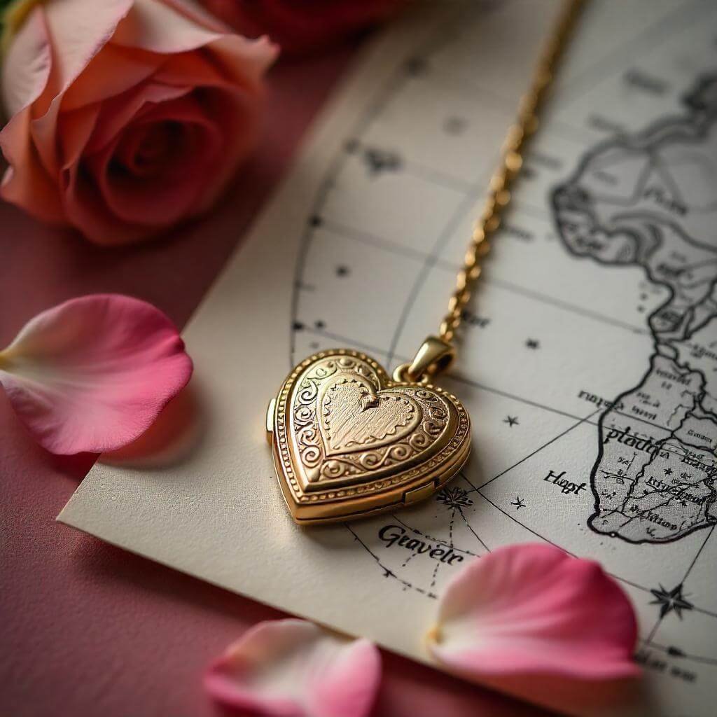 A close-up of an engraved heart-shaped locket and a custom star map print, arranged on a velvet surface with scattered rose petals.