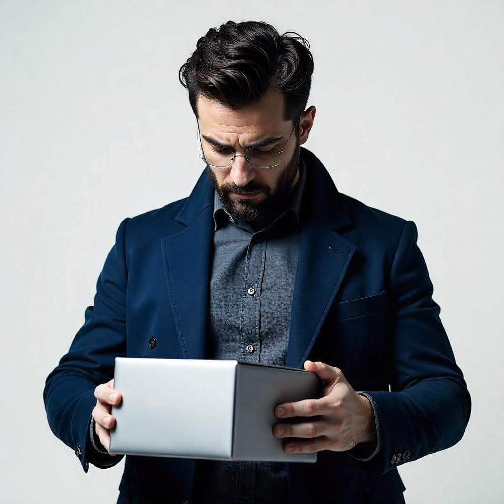 A man unwrapping a tech gadget or stylish accessory.
