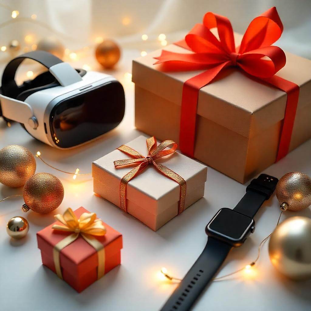 A dynamic shot of tech gifts, like a VR headset and smartwatch, arranged with festive accents like ribbons and ornaments.