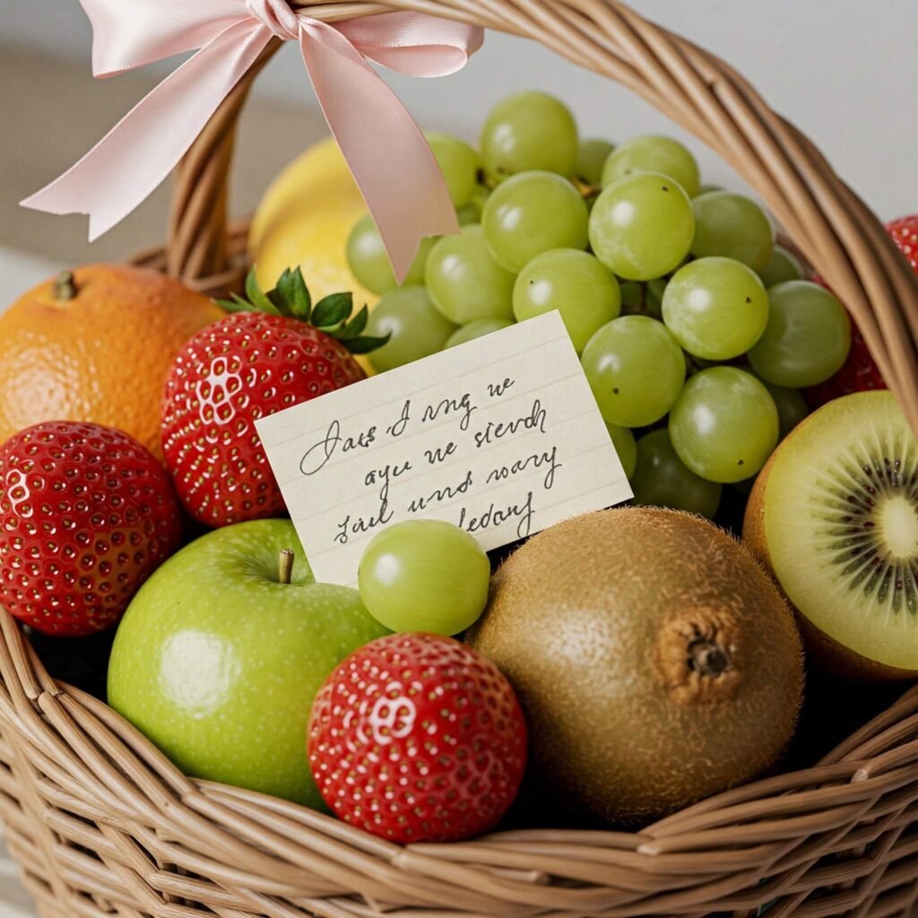 A close-up of a wicker fresh fruit basket with a satin ribbon, showcasing neatly arranged fruits and a handwritten note.