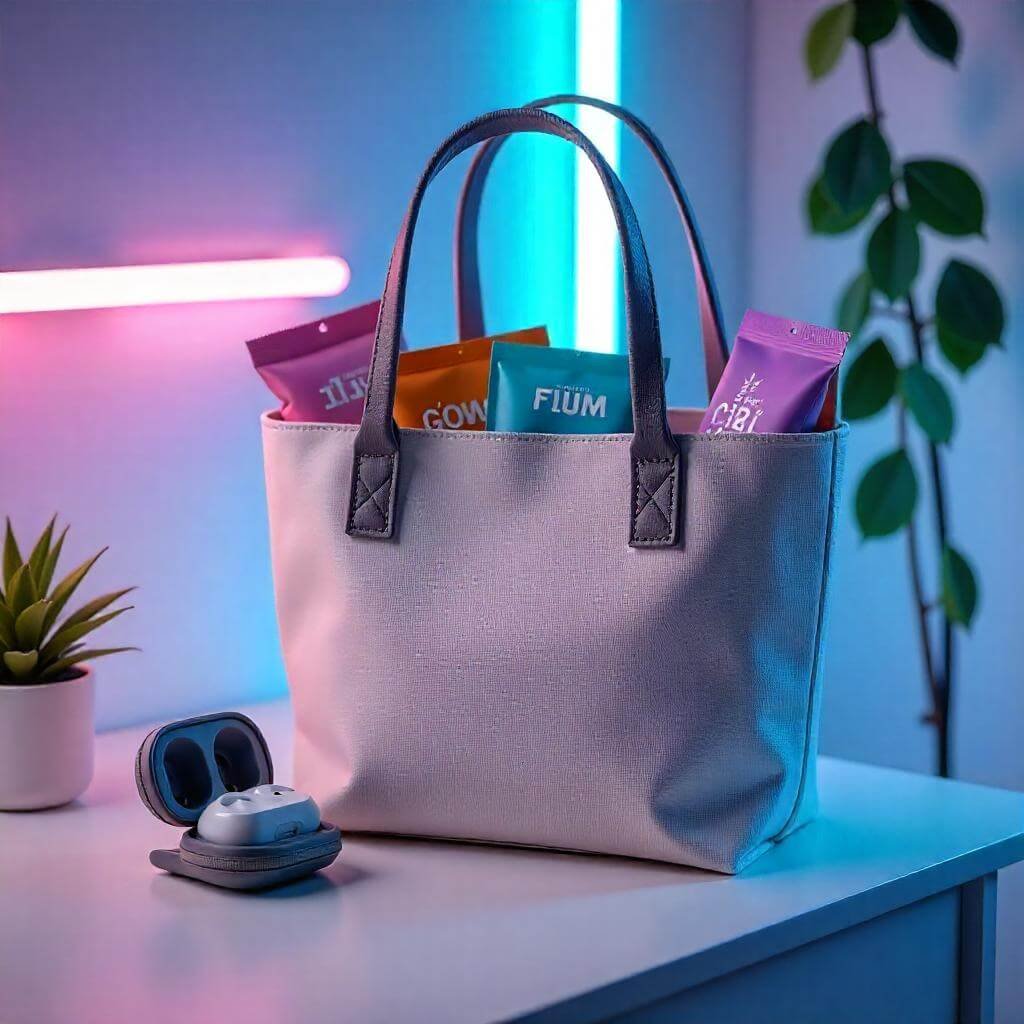 A trendy teens’ Easter basket with wireless earbuds, a phone stand, skincare products, and snacks, in a stylish tote bag on a minimalist desk with neon LED lights.