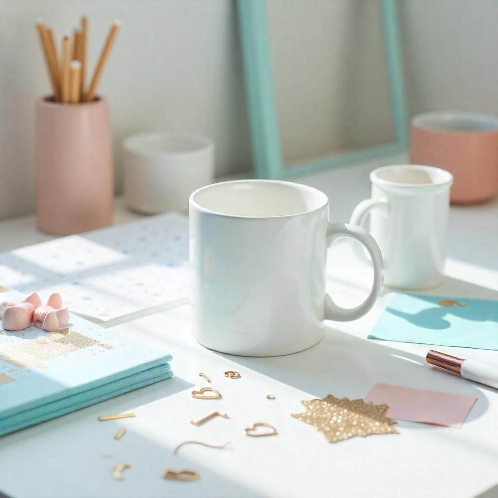 A flat-lay of a white mug with crafting tools (vinyl, markers, stencils) on a bright workspace, inspiring creativity.