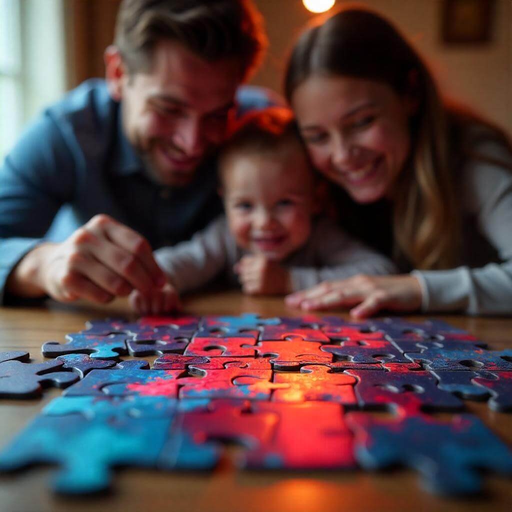 A vibrant close-up of a custom photo gift puzzle being assembled, with bold colors (blues, reds) and a joyful family backdrop.