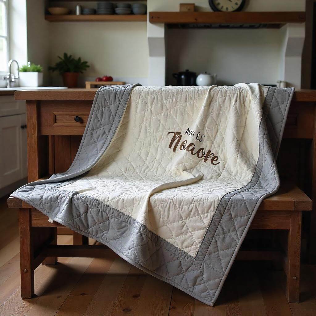 A cozy, high-resolution image of a personalized throw blanket draped over a chair, with embroidered names visible.