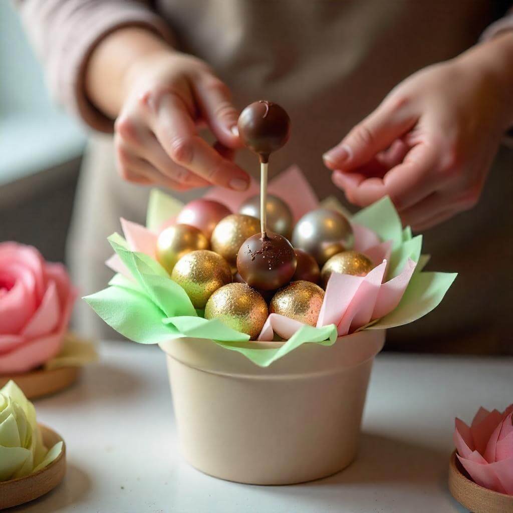 Include a flat-lay image of all materials neatly arranged on a table, showcasing chocolates, skewers, and colorful wrapping.
