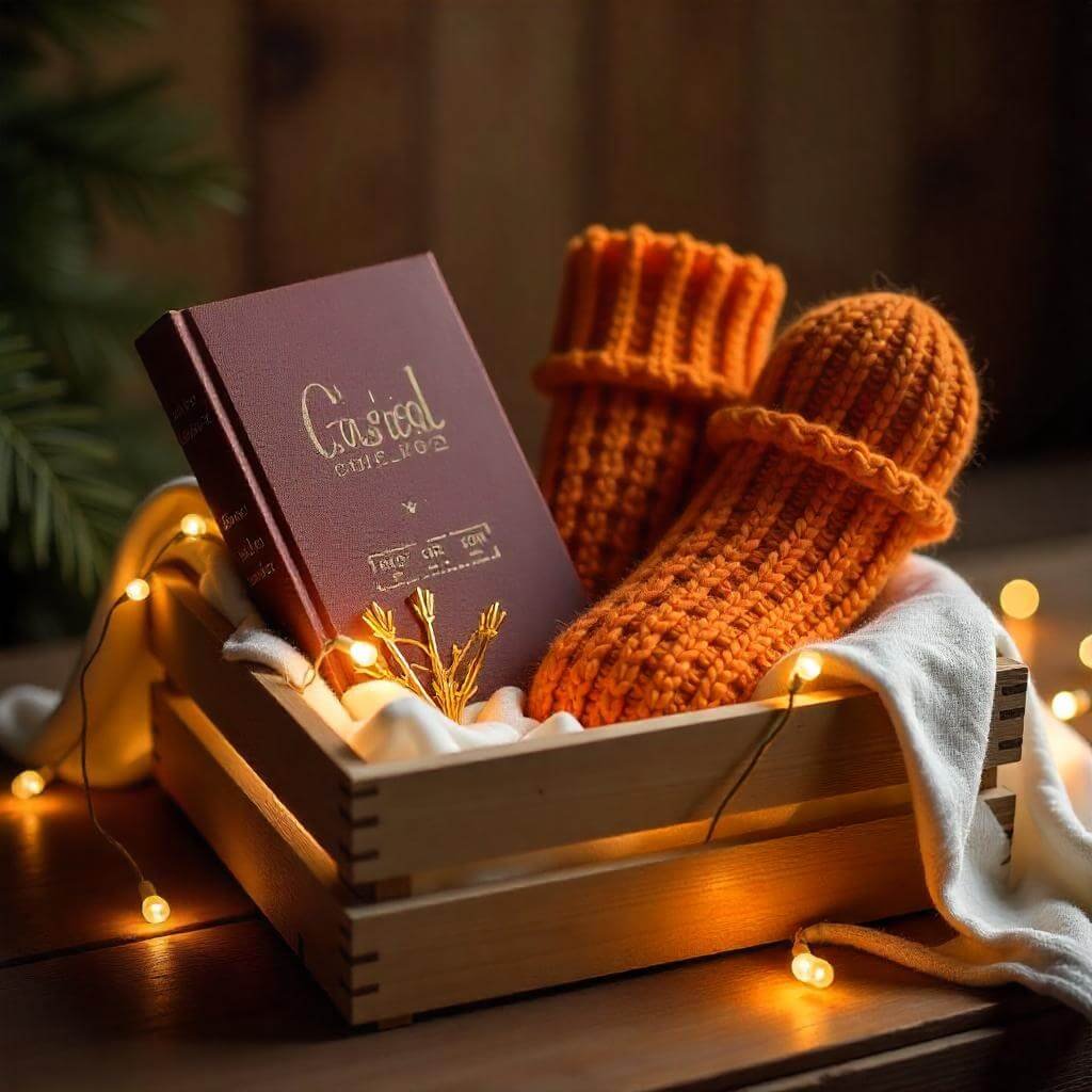 A close-up of a luxury gift hamper with artisanal chocolates, a bottle of wine, and scented candles, styled elegantly.