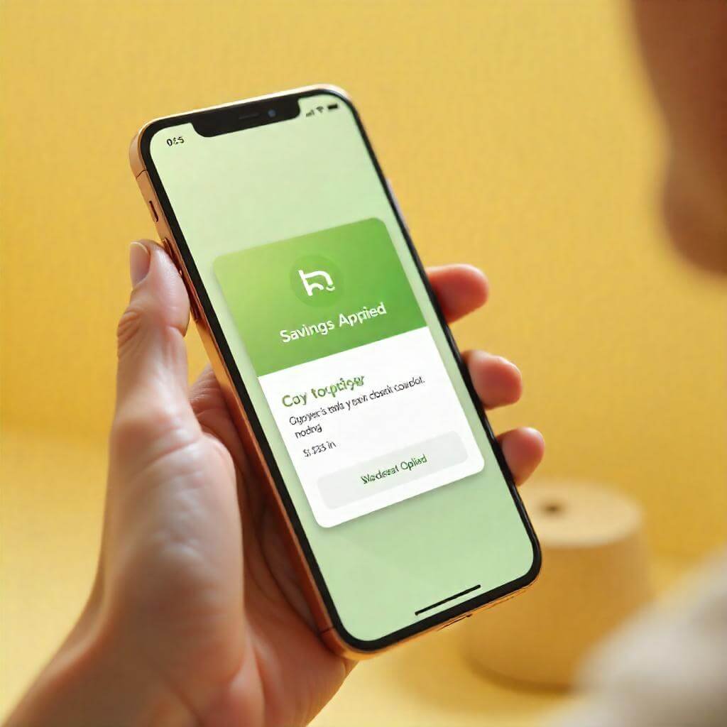 “Savings Applied” pop-up. Include a clean, tech-inspired background.