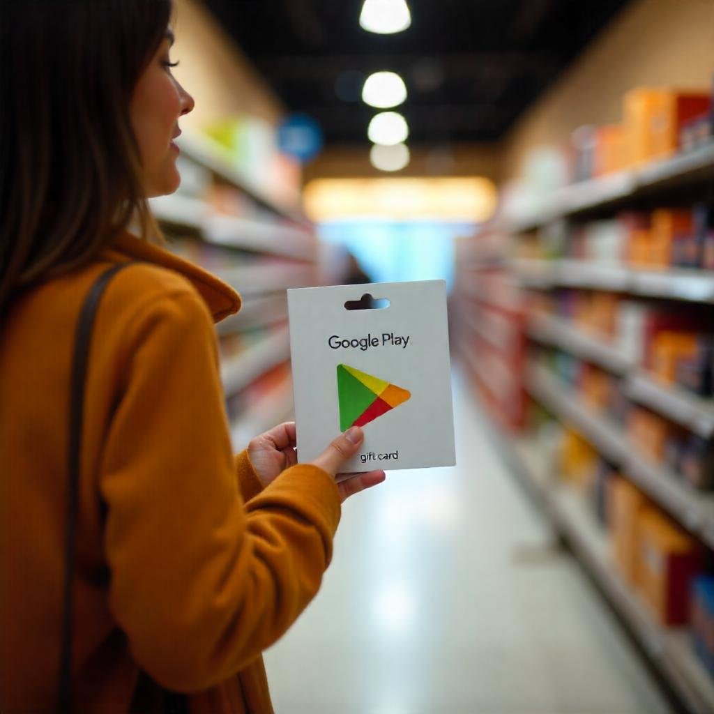 A shopper holding a Google Play gift card in a brightly lit store aisle.