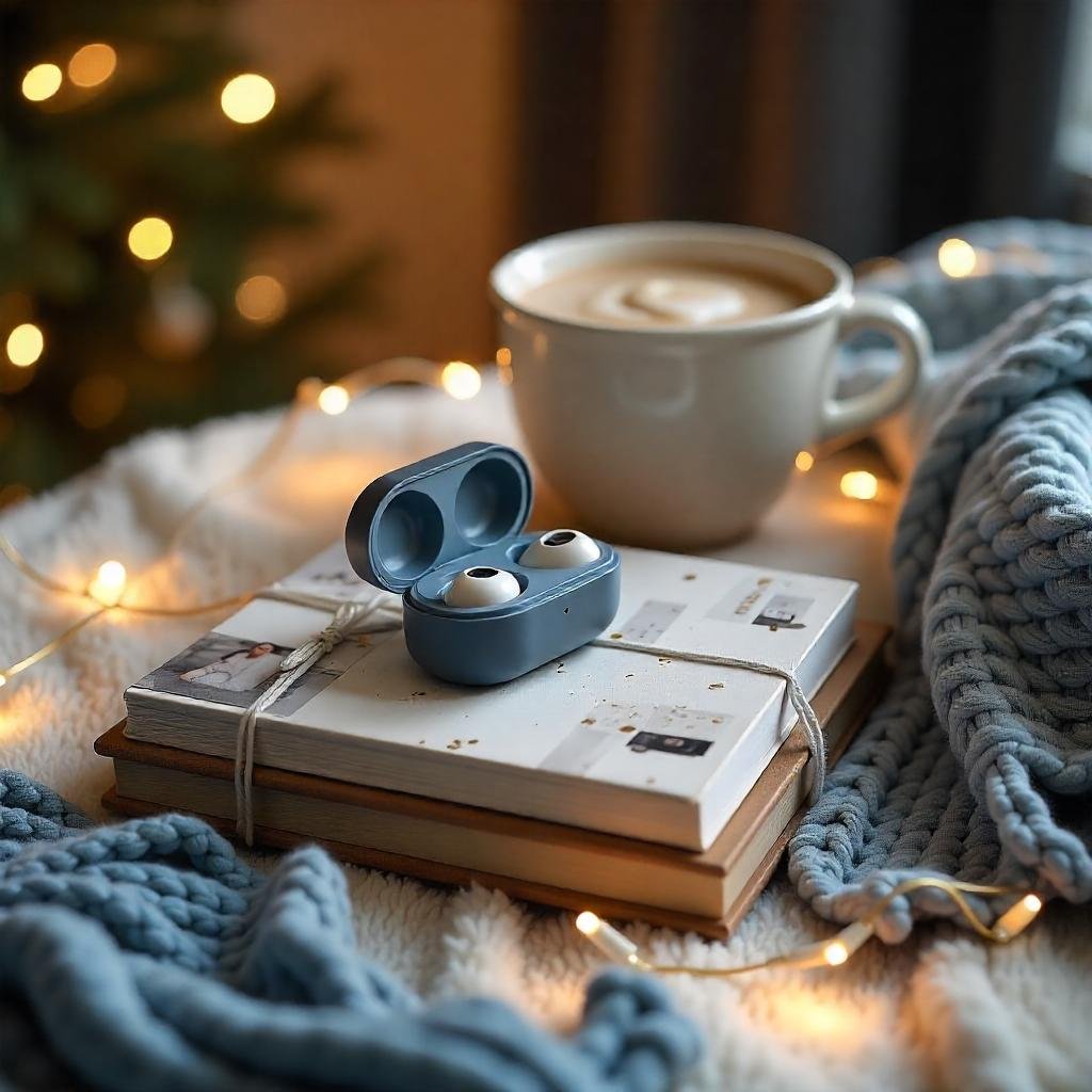 A styled display of mid-range gifts (earbuds, photo book, throw blanket) on a cozy holiday-themed table with fairy lights and a mug of hot cocoa.